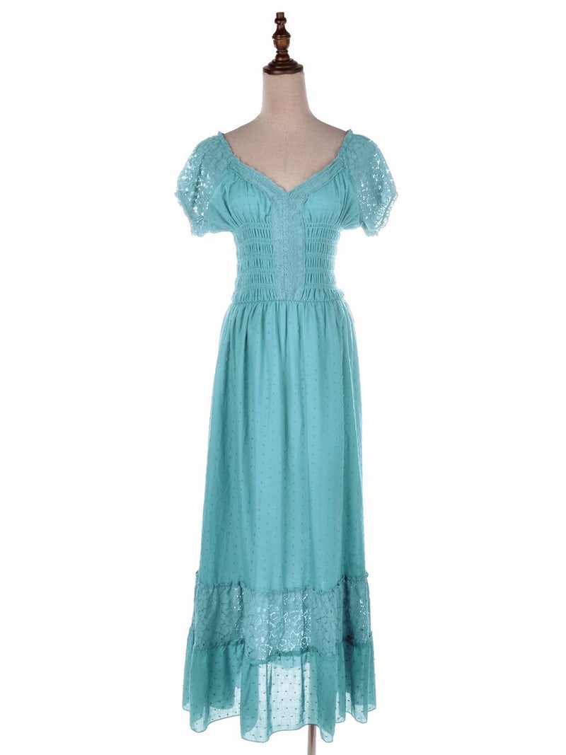 Anna-Kaci Renaissance Peasant Maiden Boho Inspired Cap Sleeve Lace Trim Maxi Dress, Light Blue, XX-Large - Image 2
